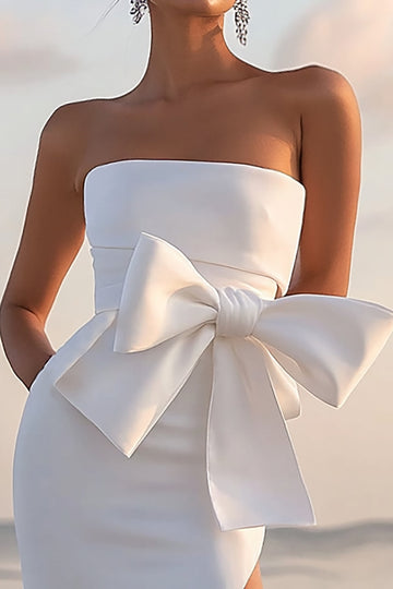 White Sheath Bow Tea Length Graduation Dress With Slit